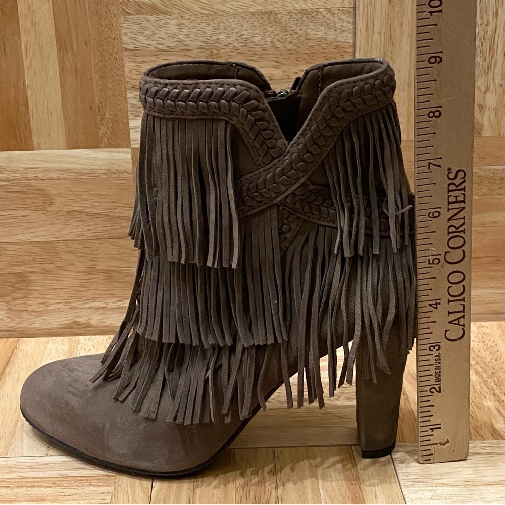 SAM EDELMAN “Kaleb” Taupe Fringe Suede Leather Ankle Booties Size 8.5 - Picture 11 of 16